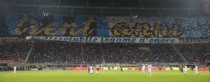 MILAN, ITALY - MARCH 31: Fans of FC Internazionale display a crowd banner prior to the Serie A match between FC Internazionale and SS Lazio at Stadio Giuseppe Meazza on March 31, 2019 in Milan, Italy. (Photo by Emilio Andreoli - Inter/Inter via Getty Images)